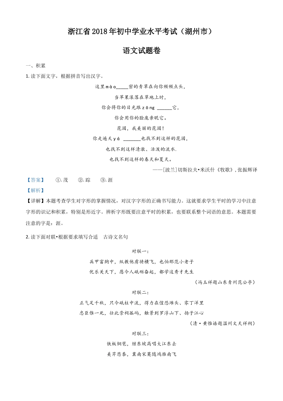 九年级语文2018年浙江省湖州市中考语文真题（解析卷）.docx