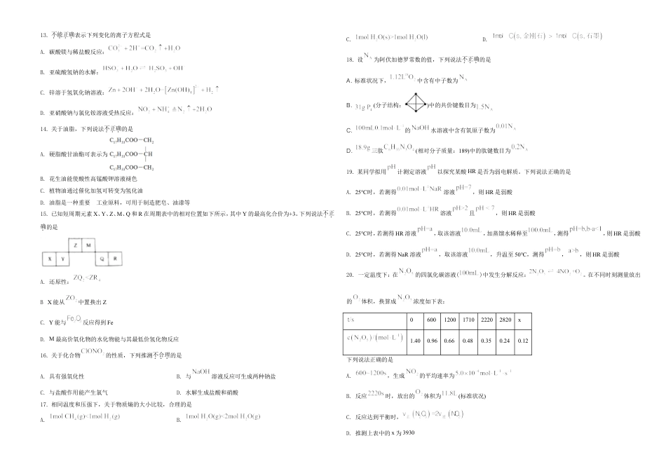 2021年6月浙江省普通高校招生选考化学试题（原卷版）.doc