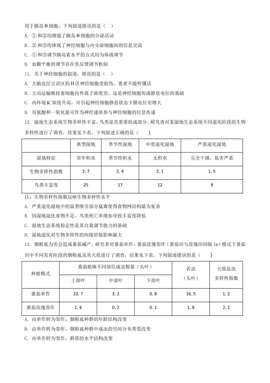 2021年高考生物真题（河北自主命题）（原卷版）.doc