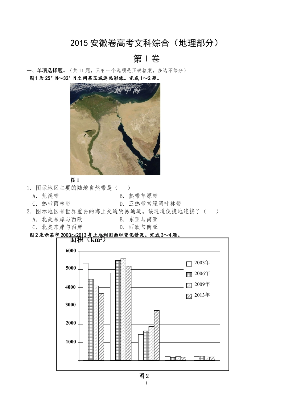 2015年高考安徽卷(文综地理部分)(含答案).doc