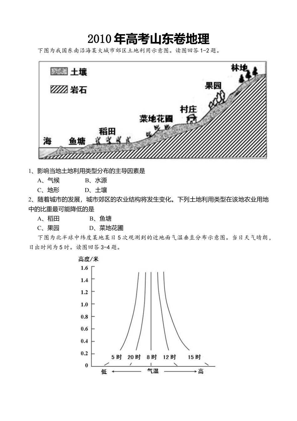 2010年高考地理真题（山东自主命题）（原卷版）.doc