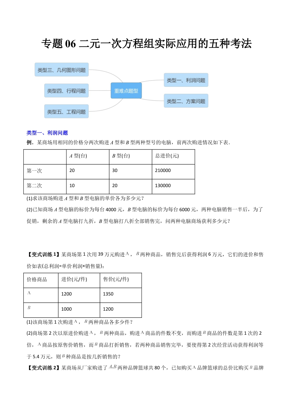 专题06 二元一次方程组实际应用的五种考法（学生版）-2023年初中数学7年级下册同步压轴题.docx