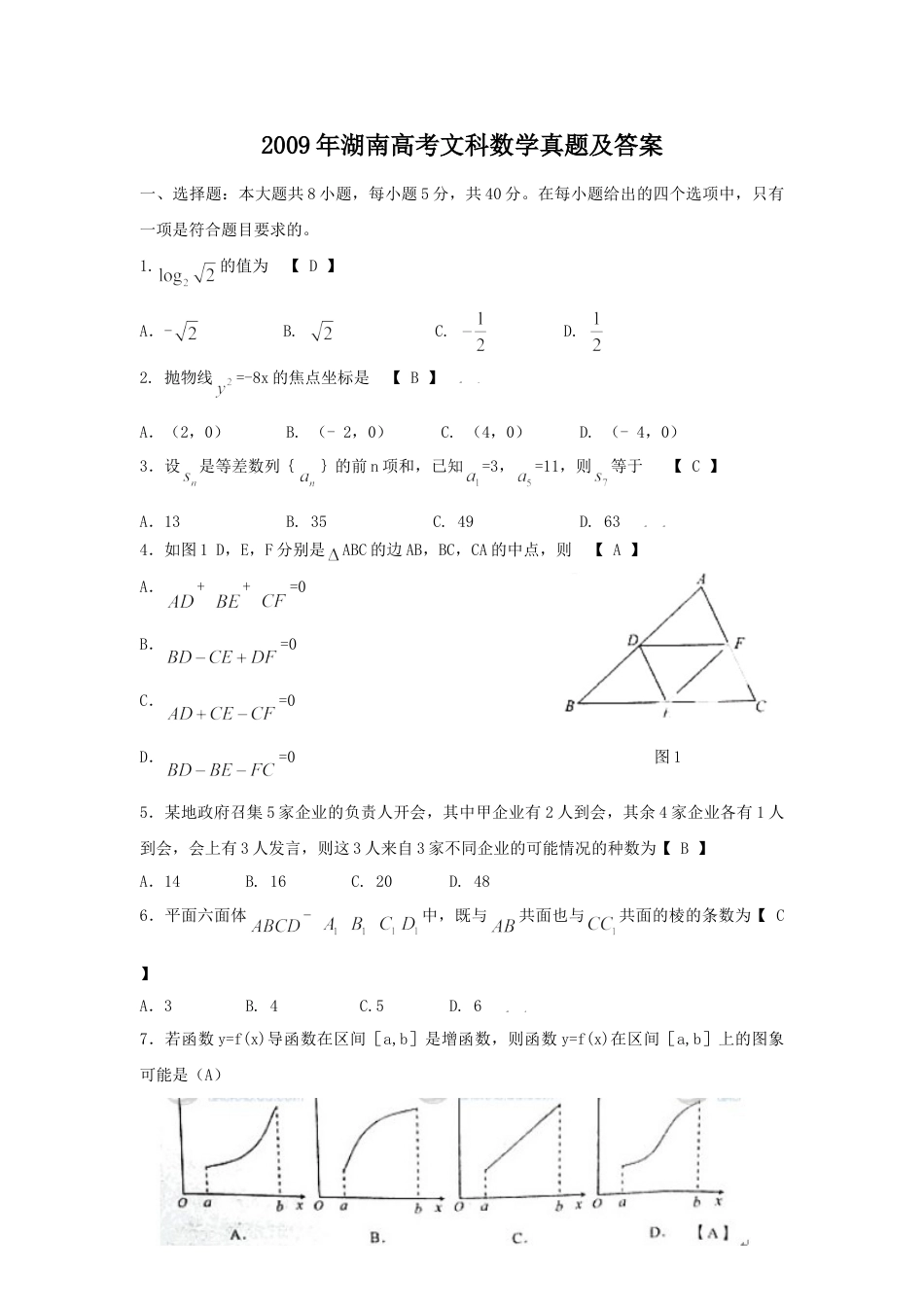 2009年高考数学真题（文科）（湖南自主命题）.doc