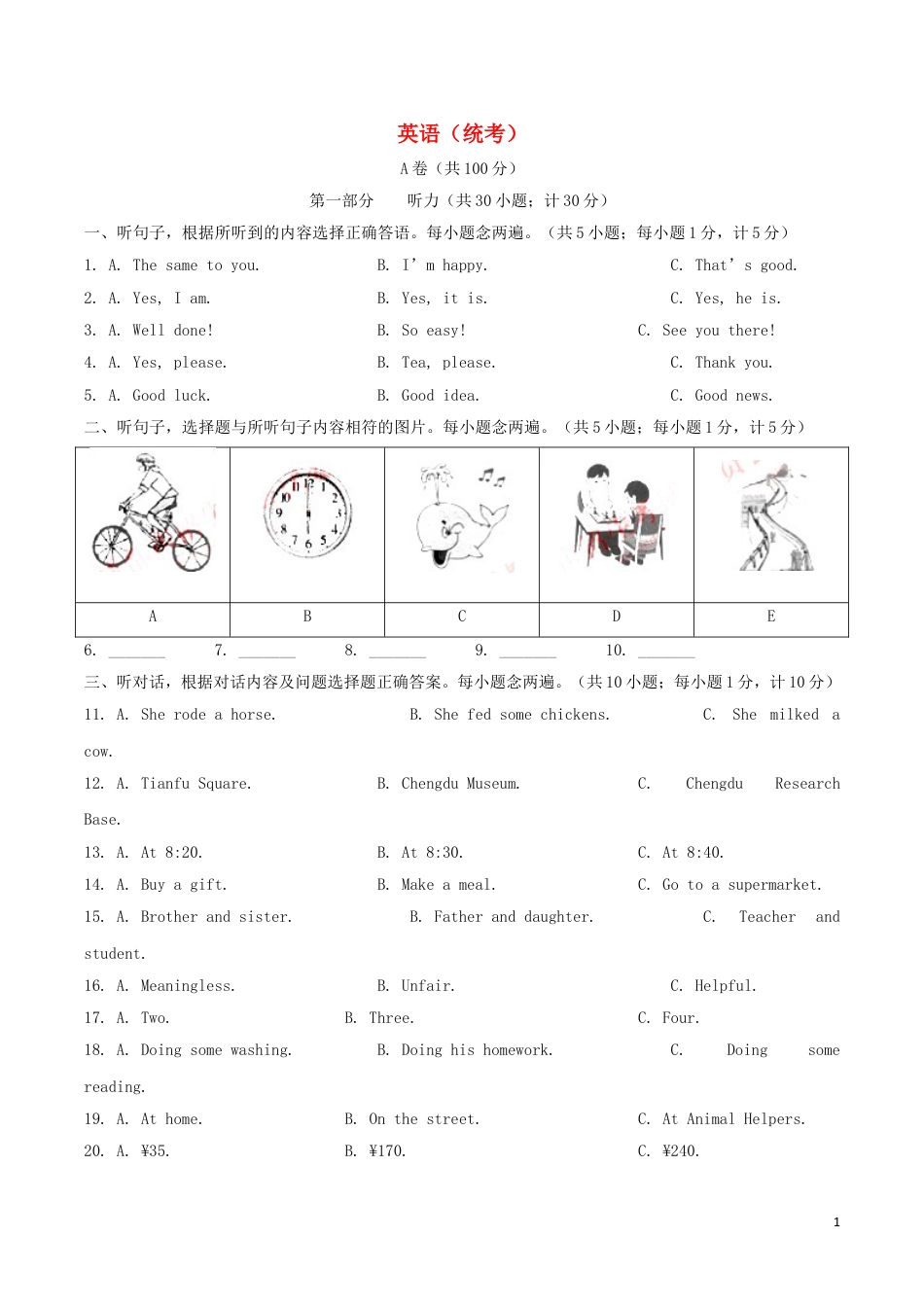 九年级英语四川省成都市2019年中考英语真题试题（含解析）.doc