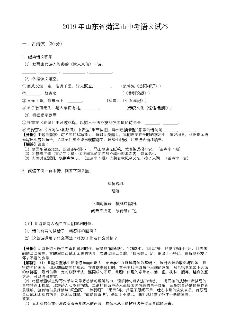 九年级语文2019年山东省菏泽市中考语文试题(word版，含解析).docx