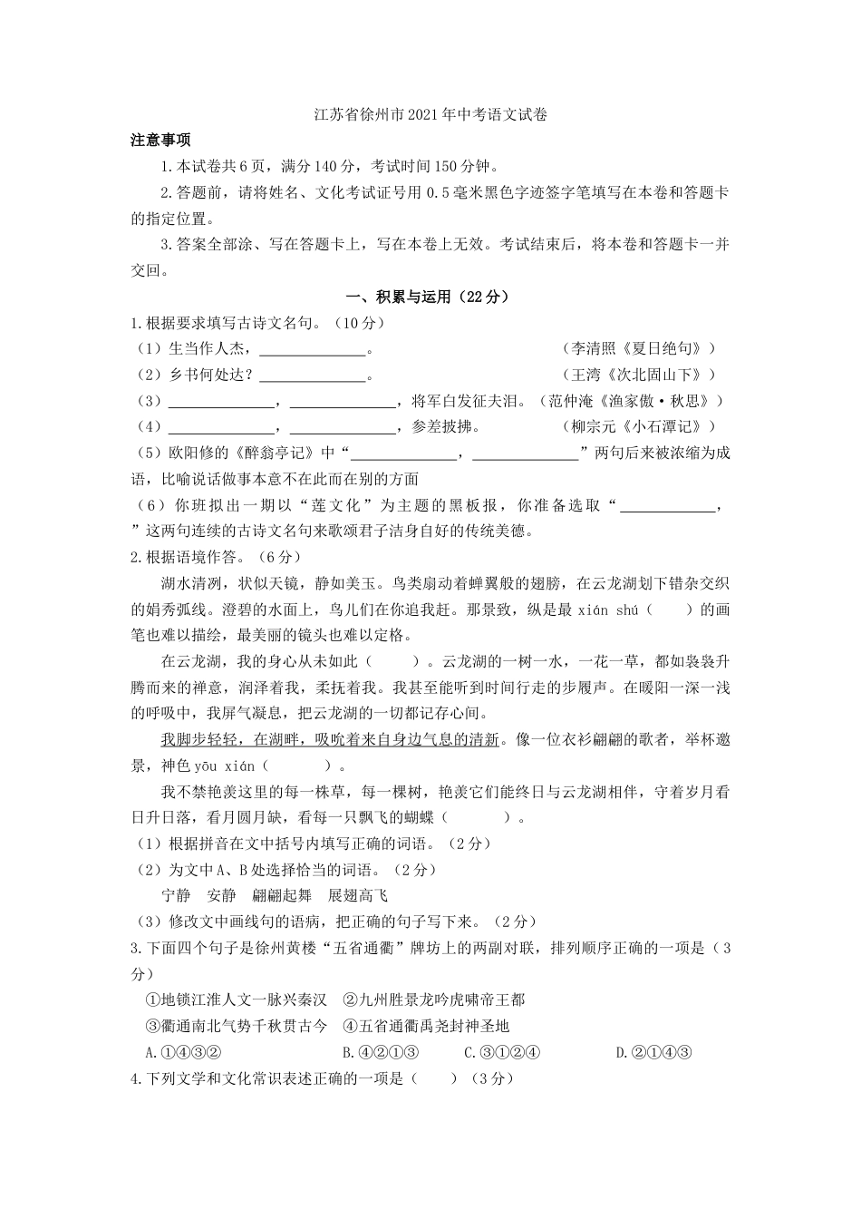 九年级语文2021年江苏省徐州市中考语文试题（教师版）.doc