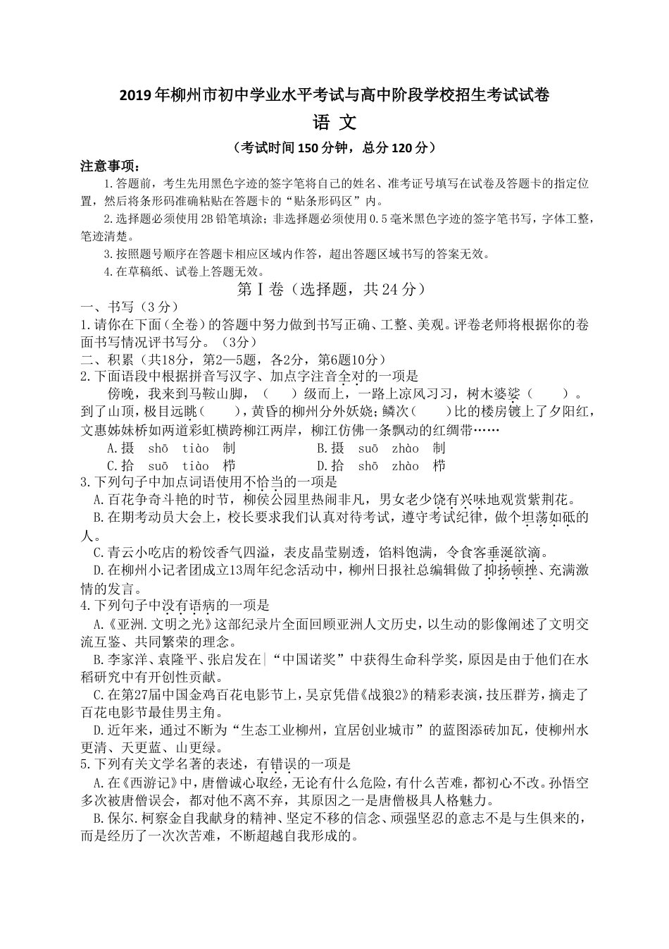 九年级语文2019年柳州市中考语文试题.doc