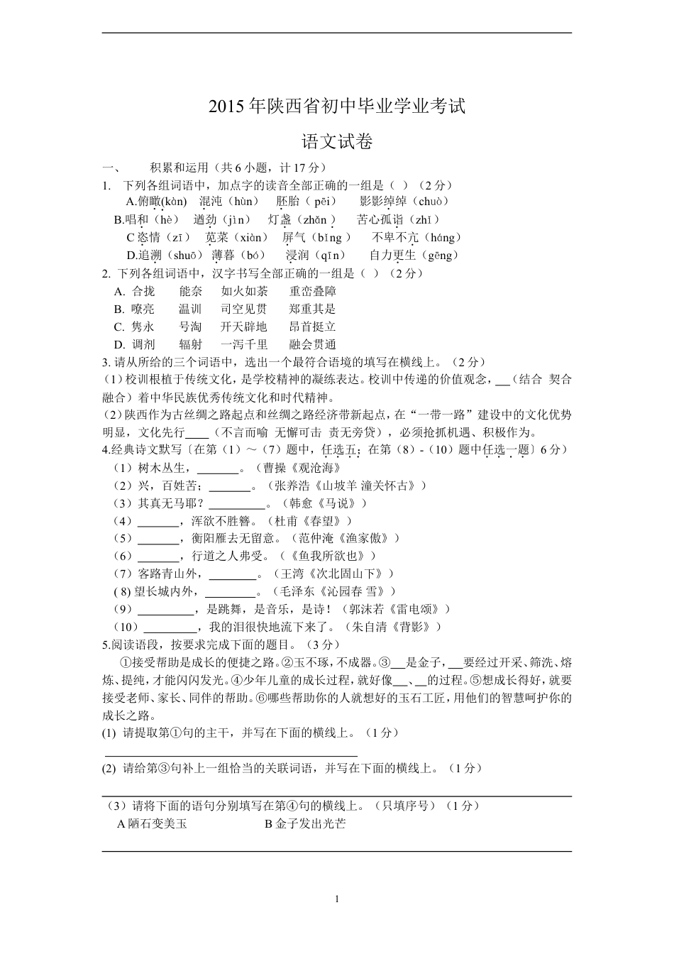 九年级语文2015年陕西省中考语文试题及答案.doc