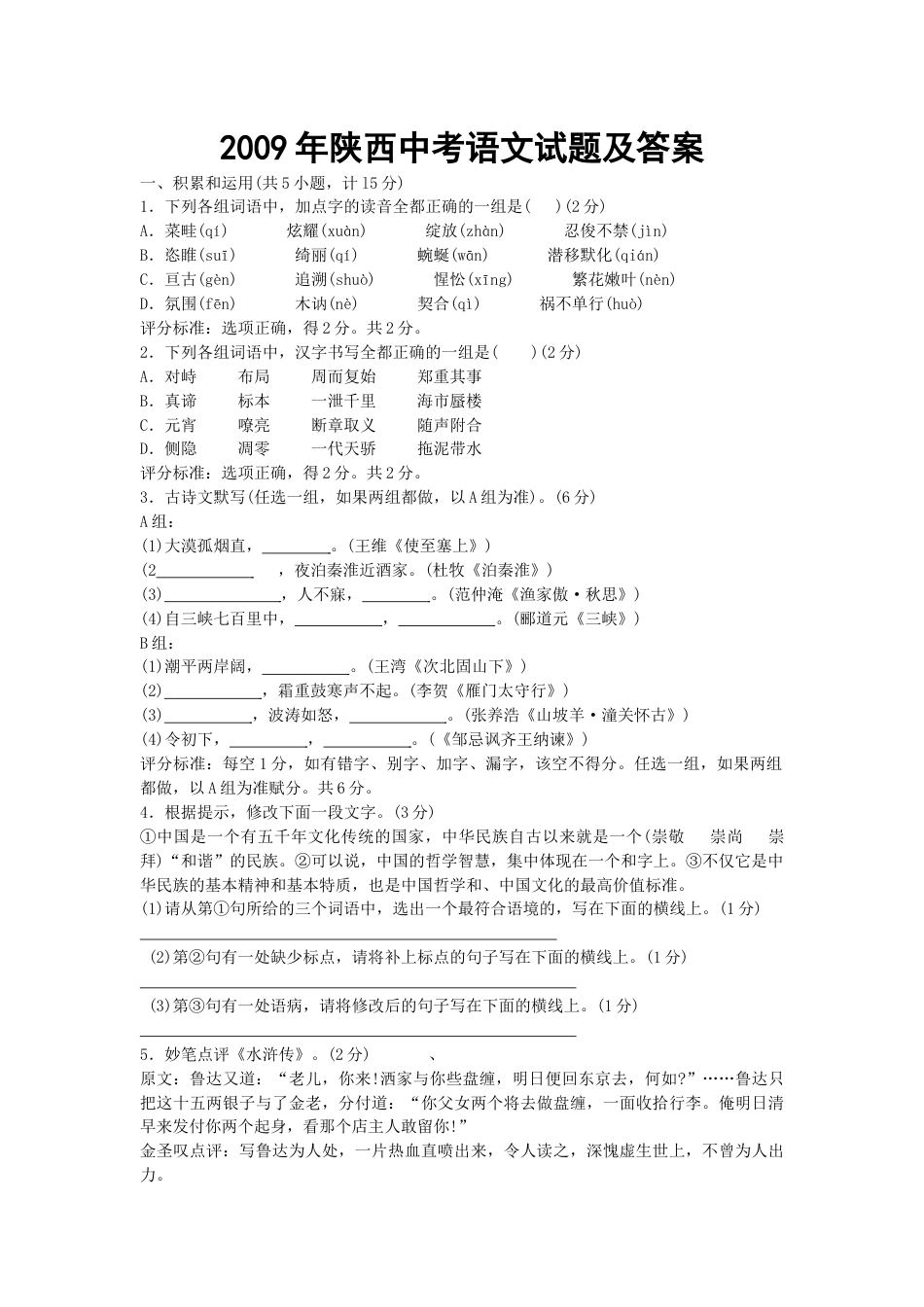 九年级语文2009年陕西省中考语文试题及答案.docx