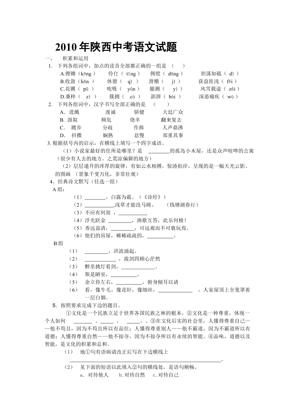 九年级语文2010年陕西省中考语文试题及答案.docx