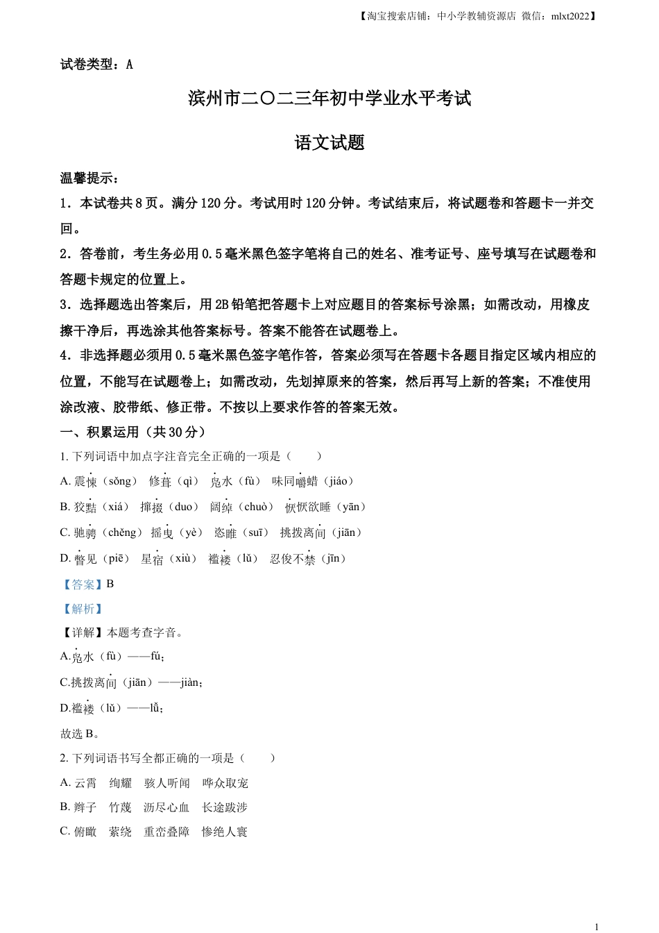 九年级语文精品解析：2023年山东省滨州市中考语文真题（解析版）.docx