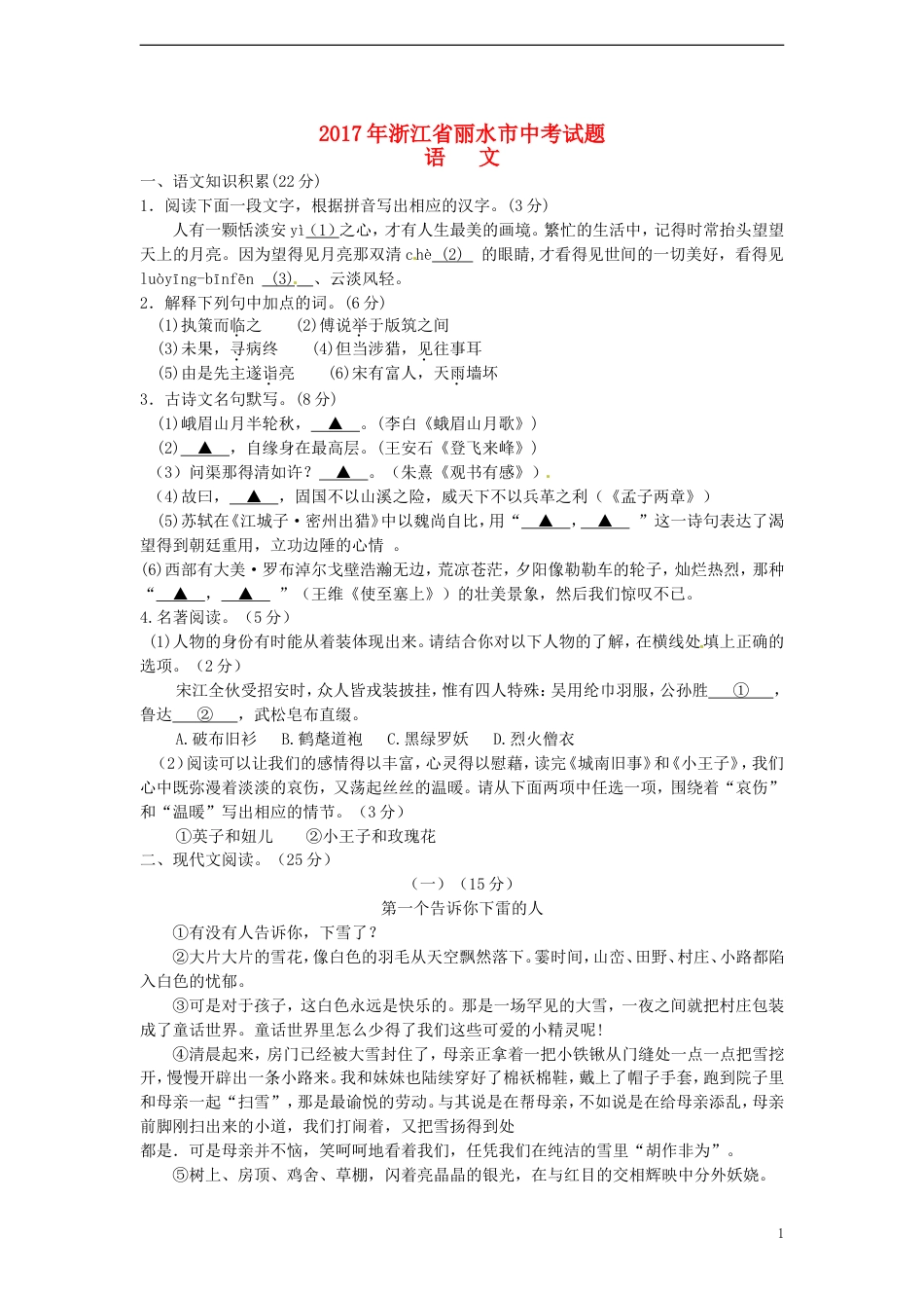 九年级语文浙江省丽水市2017年中考语文真题试题（含答案）.doc