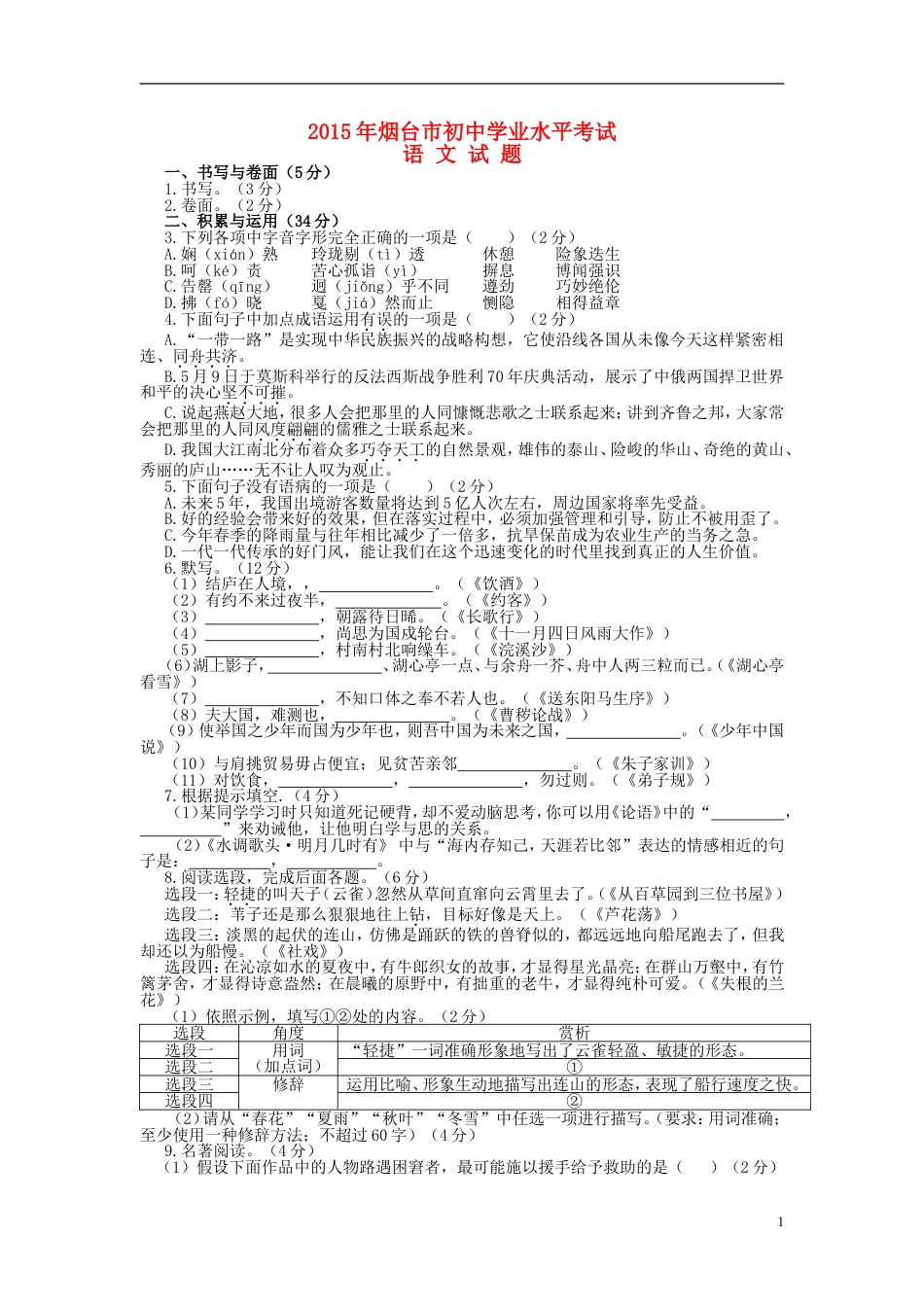 九年级语文山东省烟台市2015年中考语文真题试题（无答案）.doc