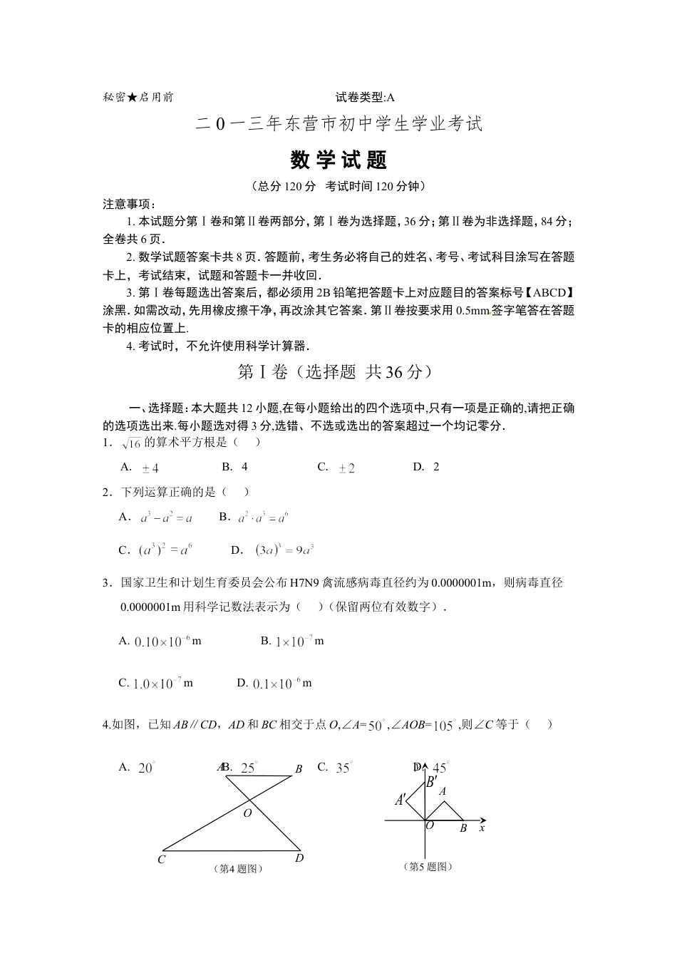 2013年山东省东营市中考数学试卷及答案.doc