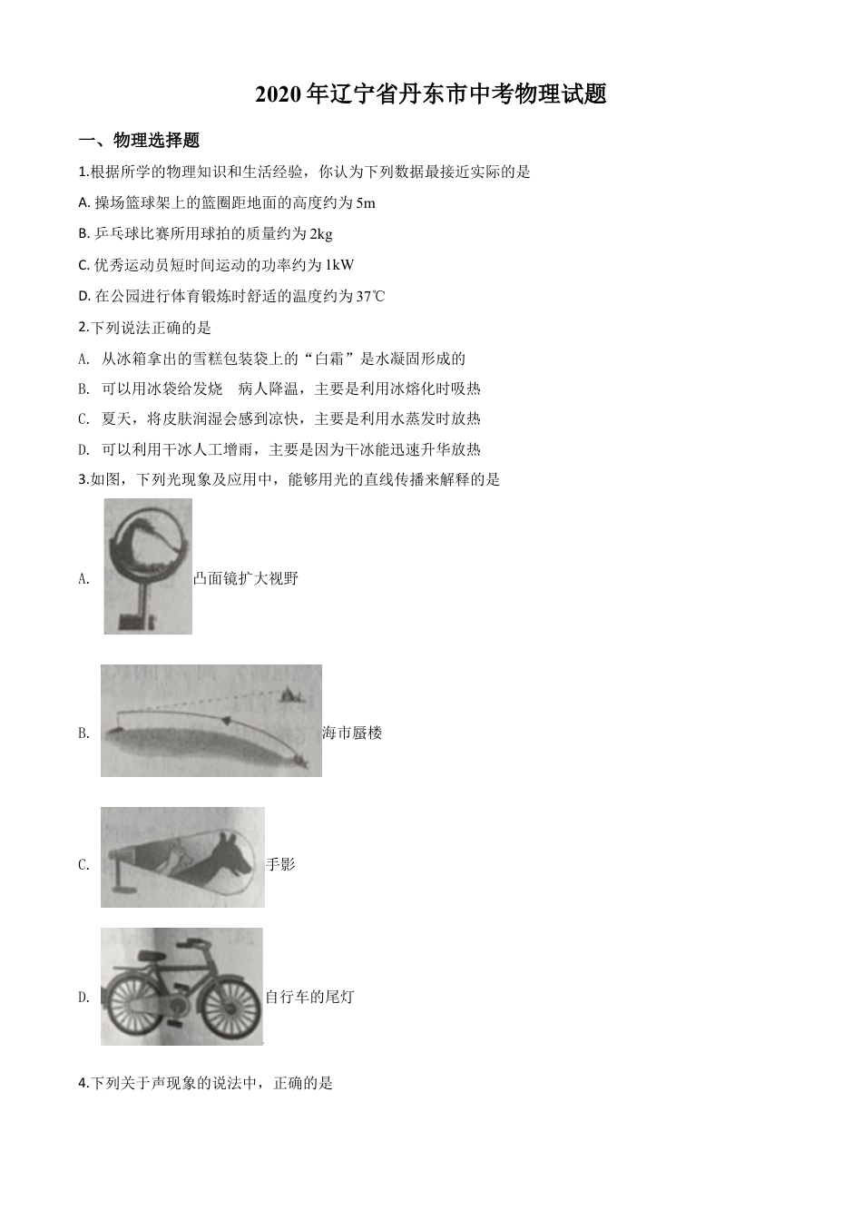 初中九年级物理精品解析：2020年辽宁省丹东市中考物理试题（原卷版）.doc