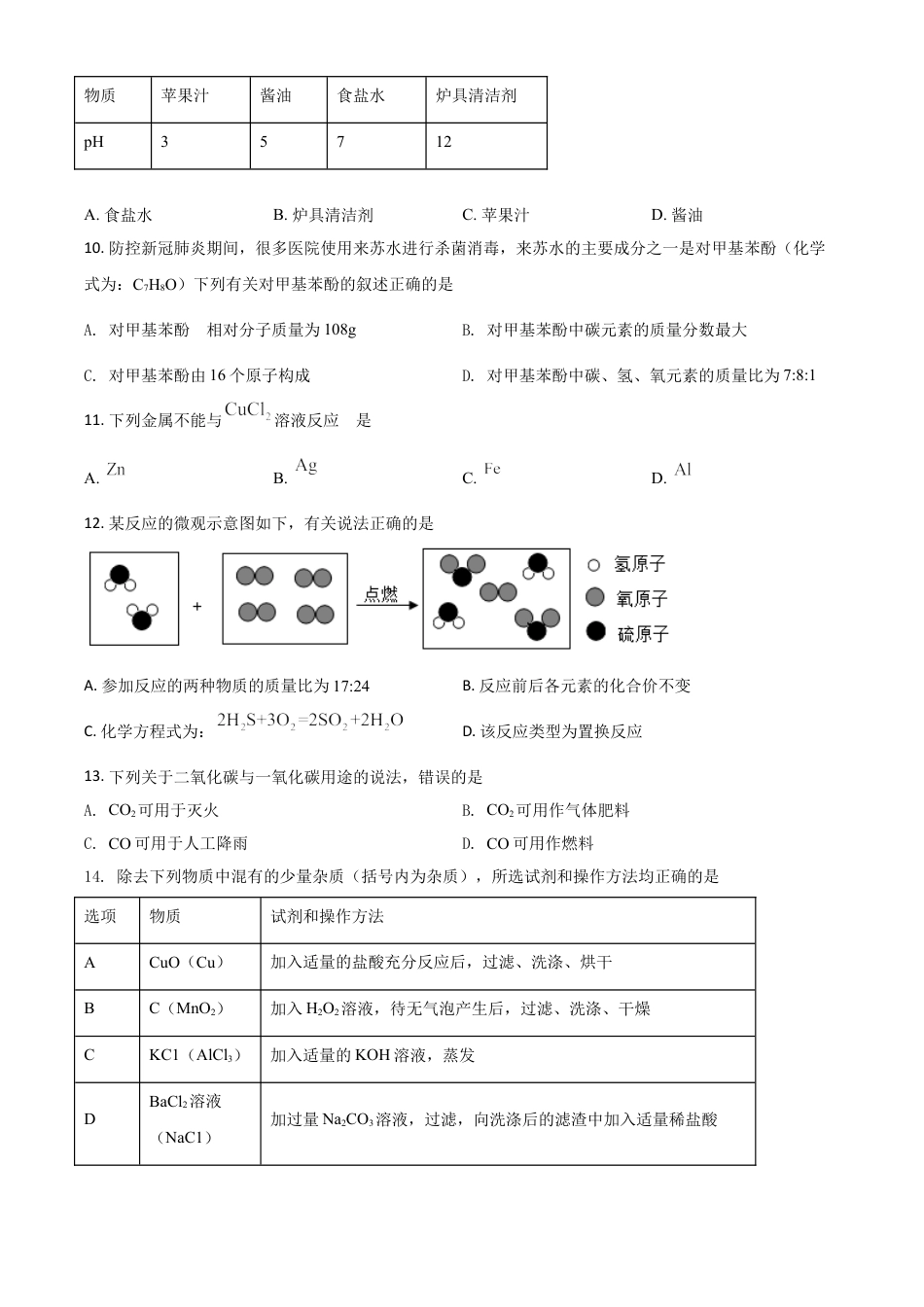 【初中九年级化学】辽宁省营口市2021年中考化学试题（原卷版）.doc