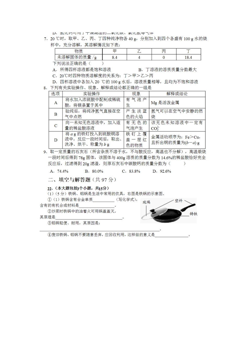 【初中九年级化学】四川省绵阳市2015年中考化学真题试题（扫描版，含答案）.doc