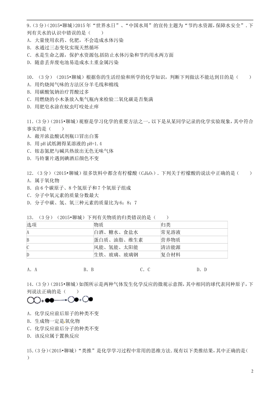 【初中九年级化学】山东省聊城市2015年中考化学真题试题（含答案）.doc