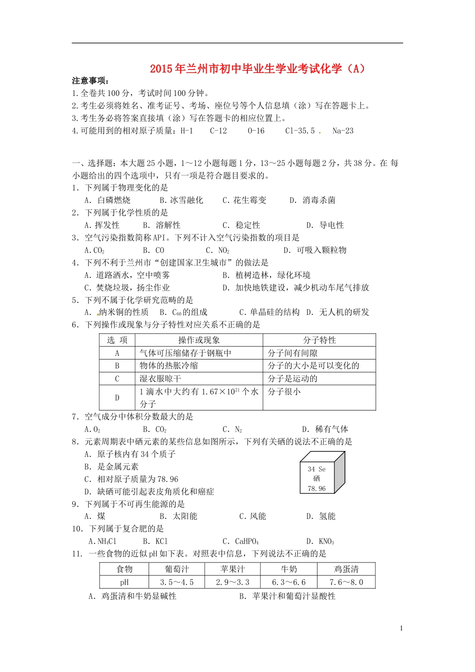 【初中九年级化学】甘肃省兰州市2015年中考化学真题试题（含答案）.doc