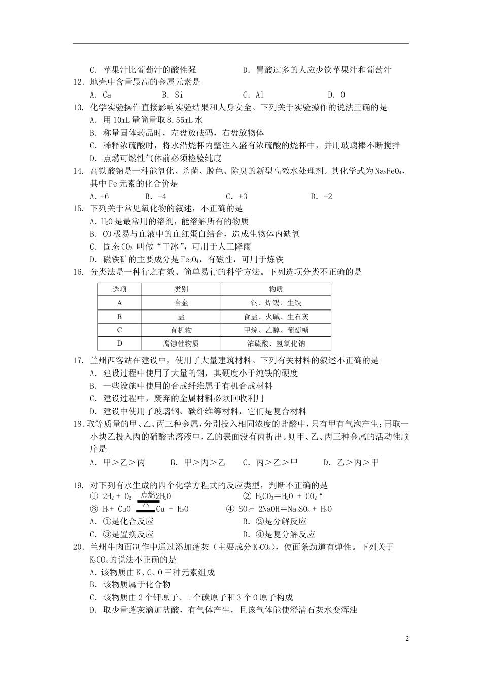 【初中九年级化学】甘肃省兰州市2015年中考化学真题试题（含答案）.doc