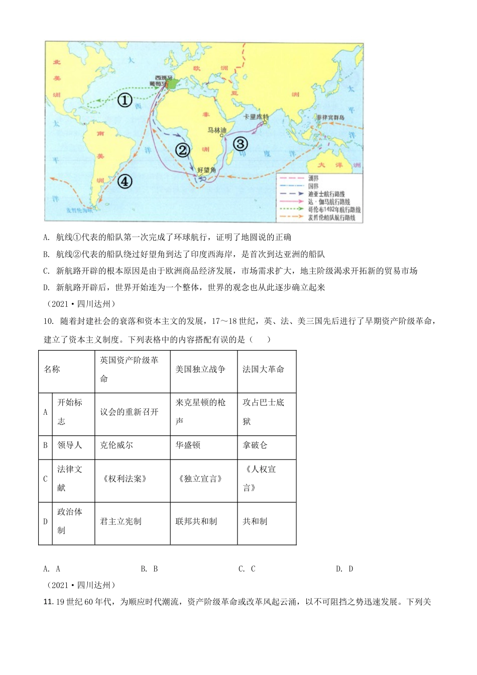 【初中九年级历史】四川省达州市2021年中考历史试题（原卷版）.doc