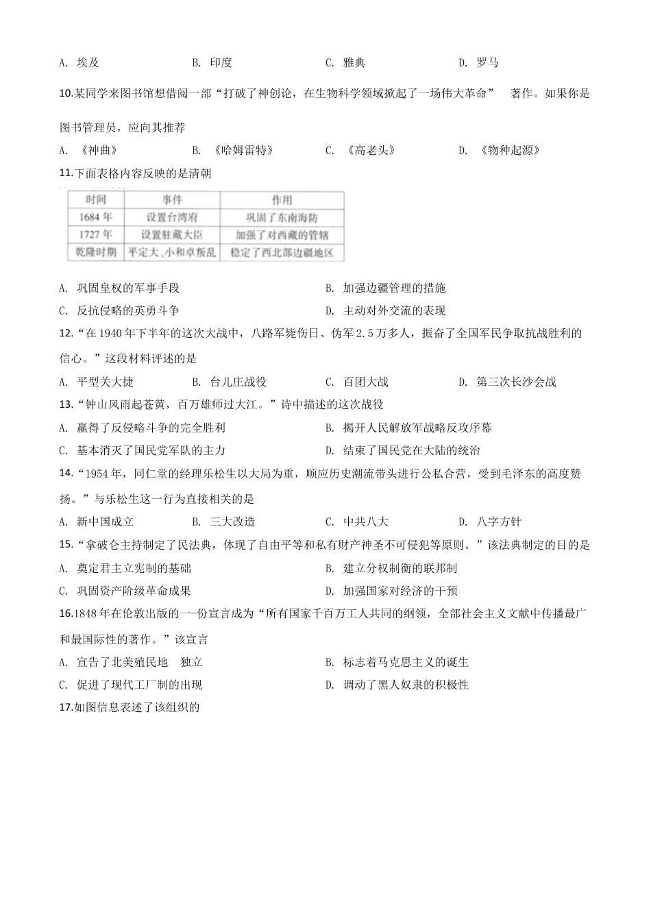 【初中九年级历史】精品解析：江苏省连云港市2020年中考历史试题（原卷版）.doc