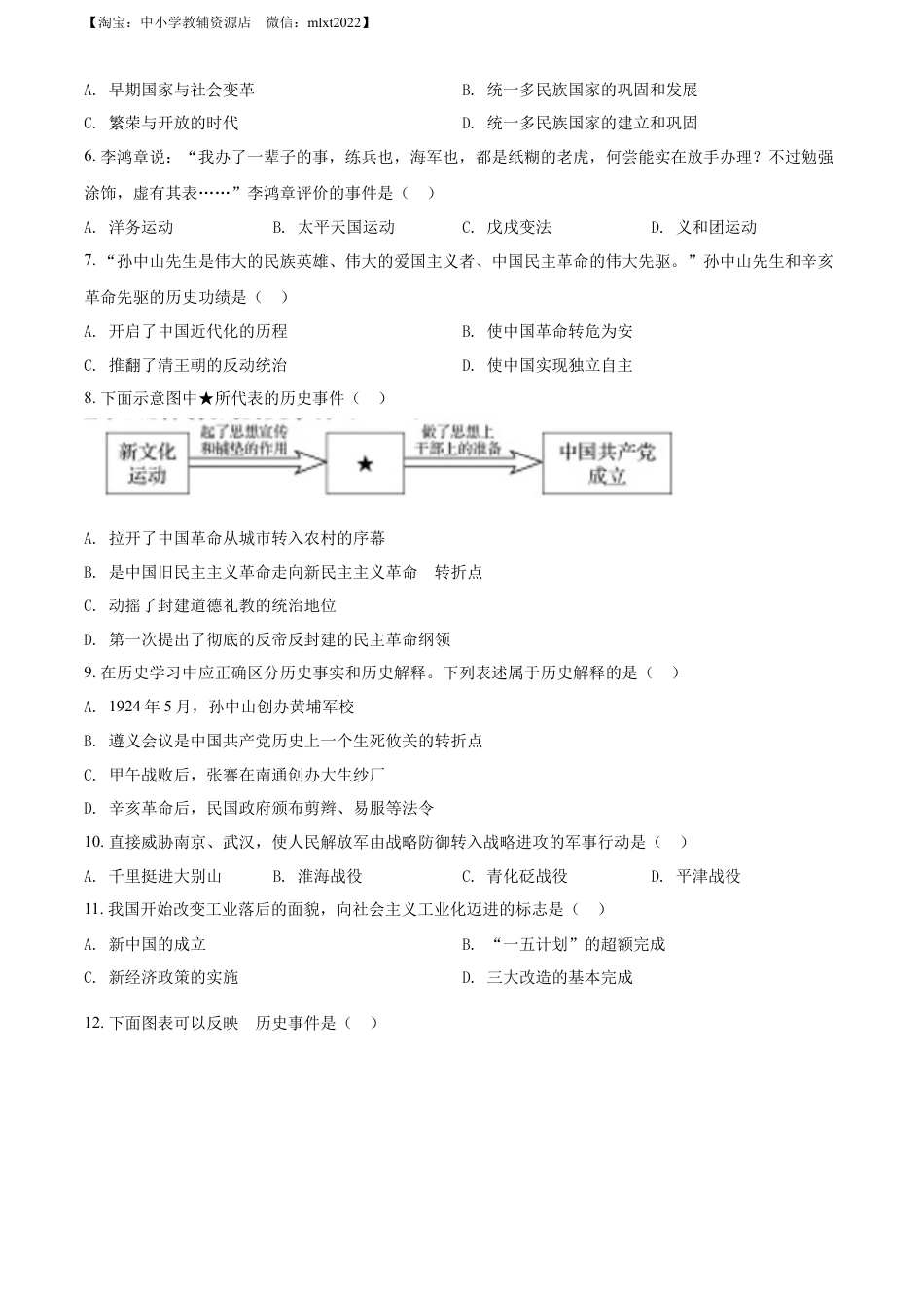 【初中九年级历史】精品解析：2022年辽宁省盘锦市中考历史真题（原卷版）.docx