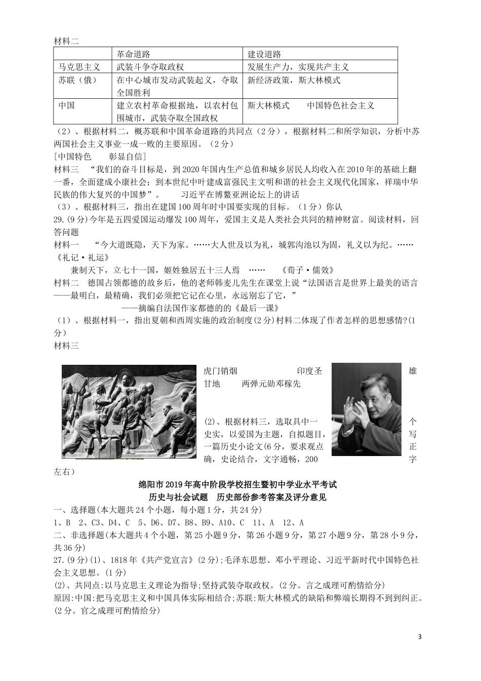 【初中九年级历史】四川省绵阳市2019年中考历史真题试题.docx