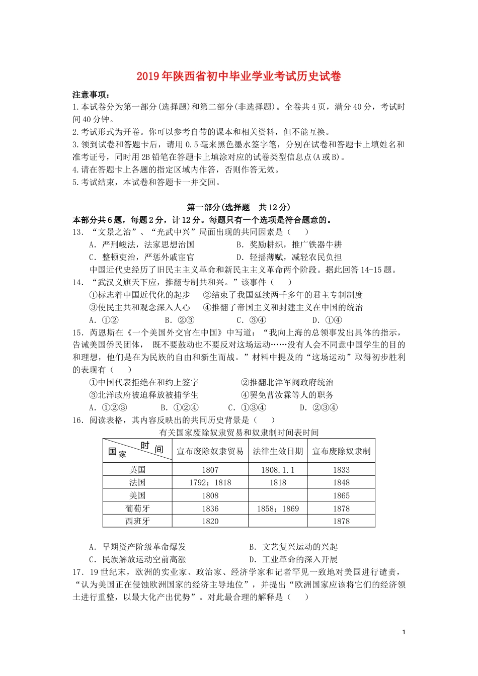 【初中九年级历史】陕西省2019年中考历史真题试题.docx