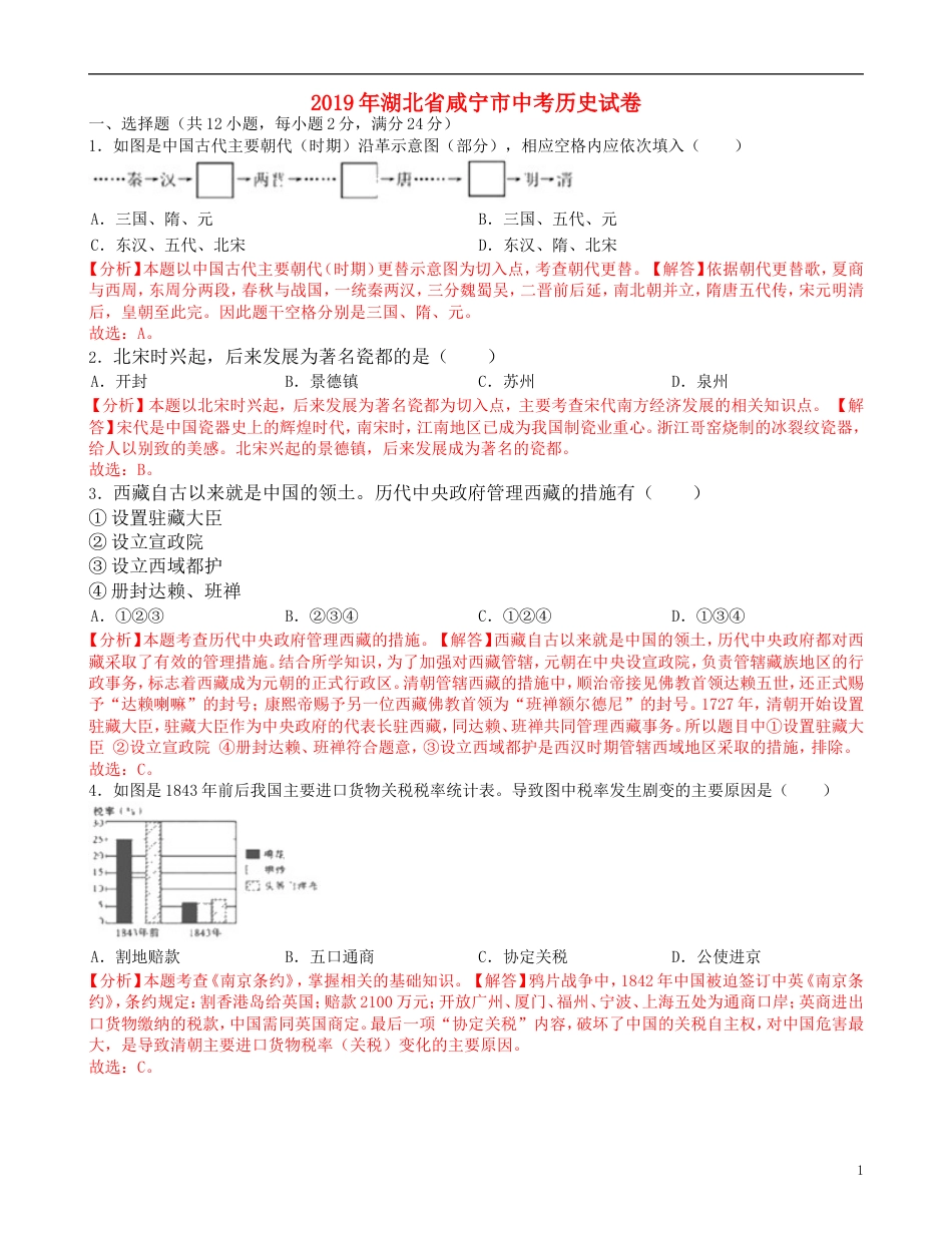 【初中九年级历史】湖北省咸宁市2019年中考历史真题试题（含解析）.doc