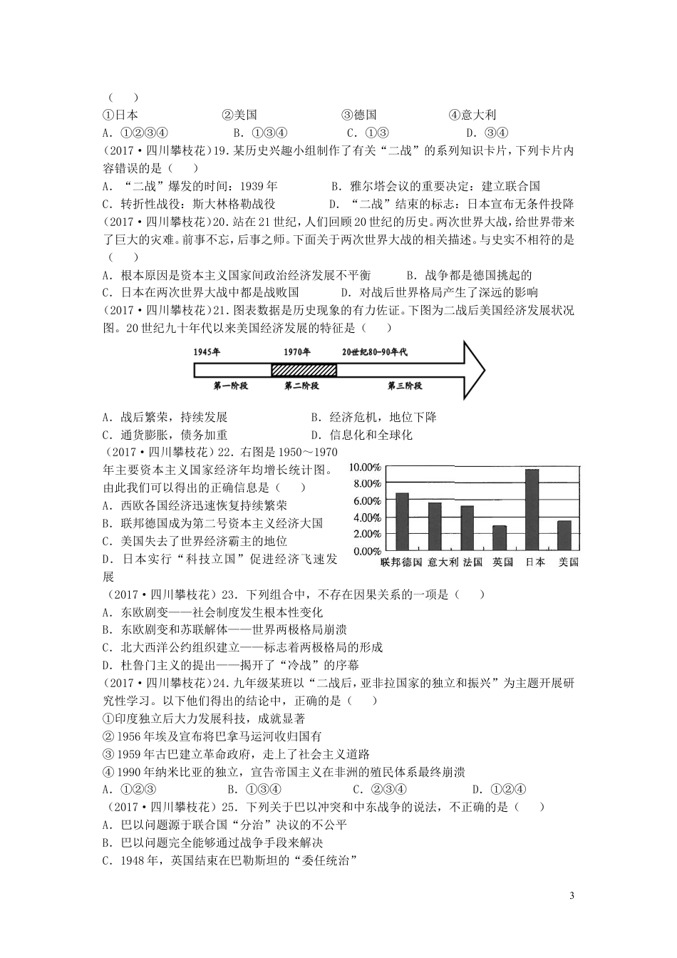 【初中九年级历史】四川省攀枝花市2017年中考历史真题试题（含答案）.doc