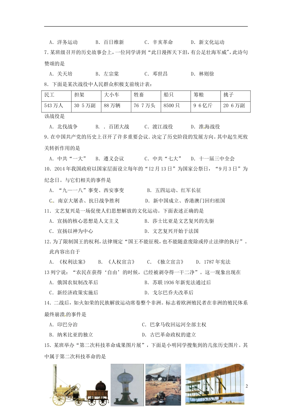 【初中九年级历史】内蒙古赤峰市2015年中考历史真题试题（含答案）.doc