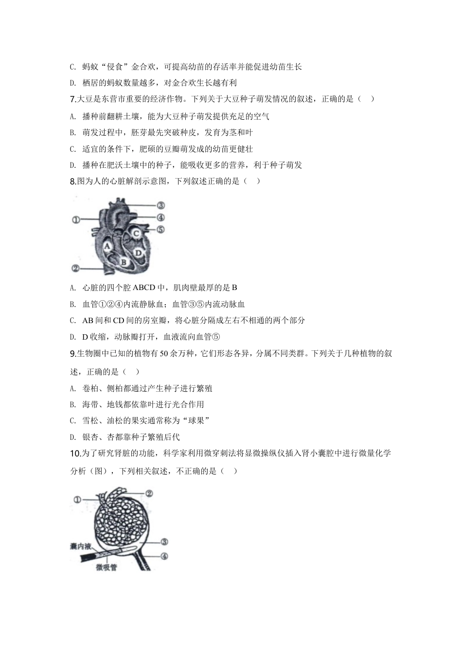 【初中九年级生物】2020年山东省东营市中考生物试题(word版含答案).doc