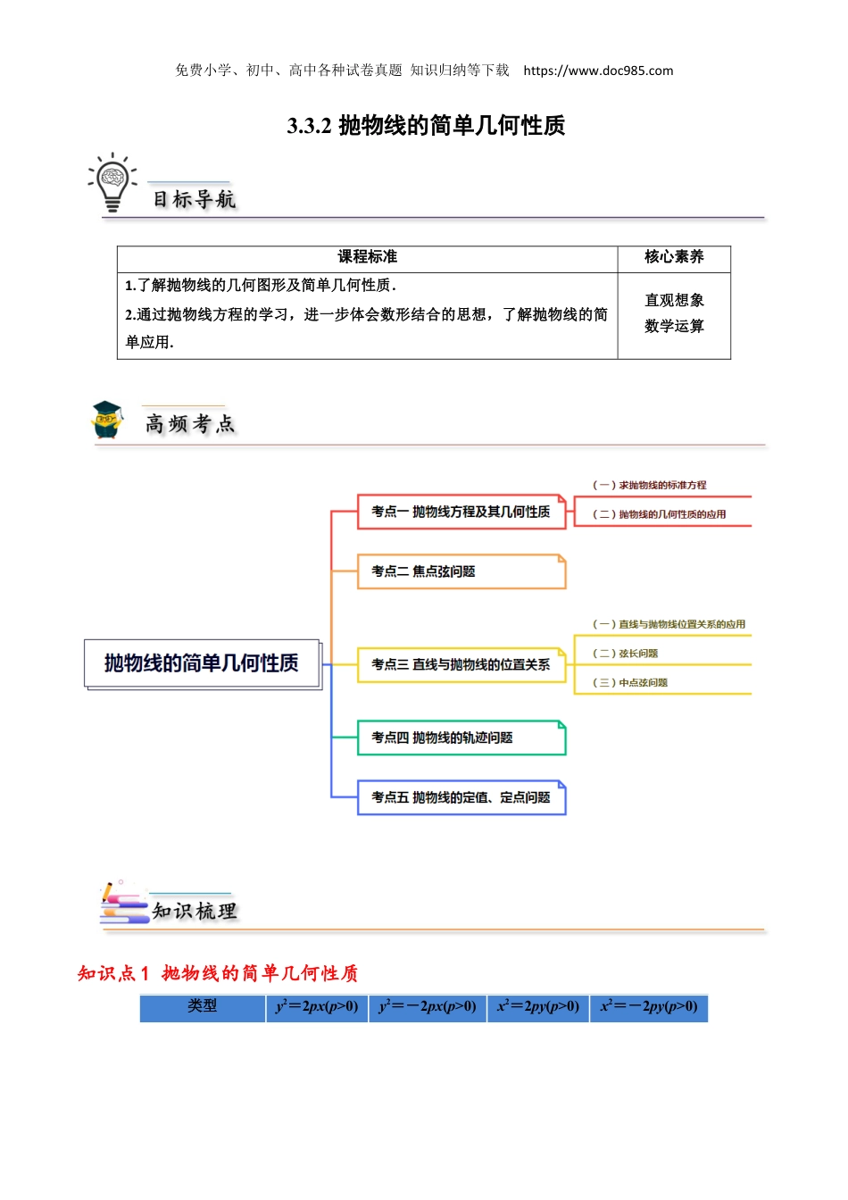 2023高二数学同步讲义(A版选必一)3.3.2抛物线的简单几何性质 2022-2023学年高二数学同步精品讲义（人教A版2019选择性必修第一册）（原卷版）.docx