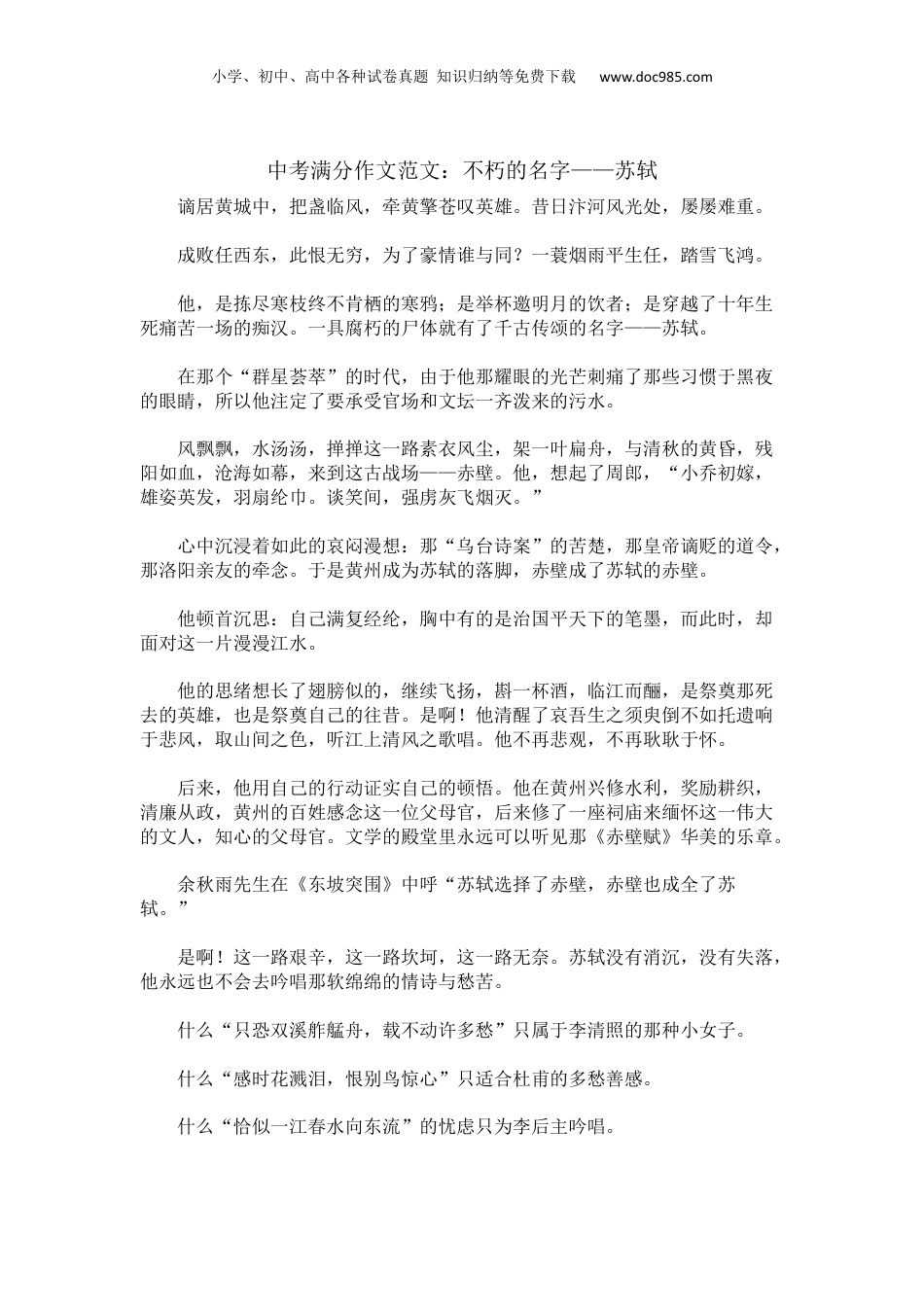 【中考满分作文范文精选】不朽的名字——苏轼.docx