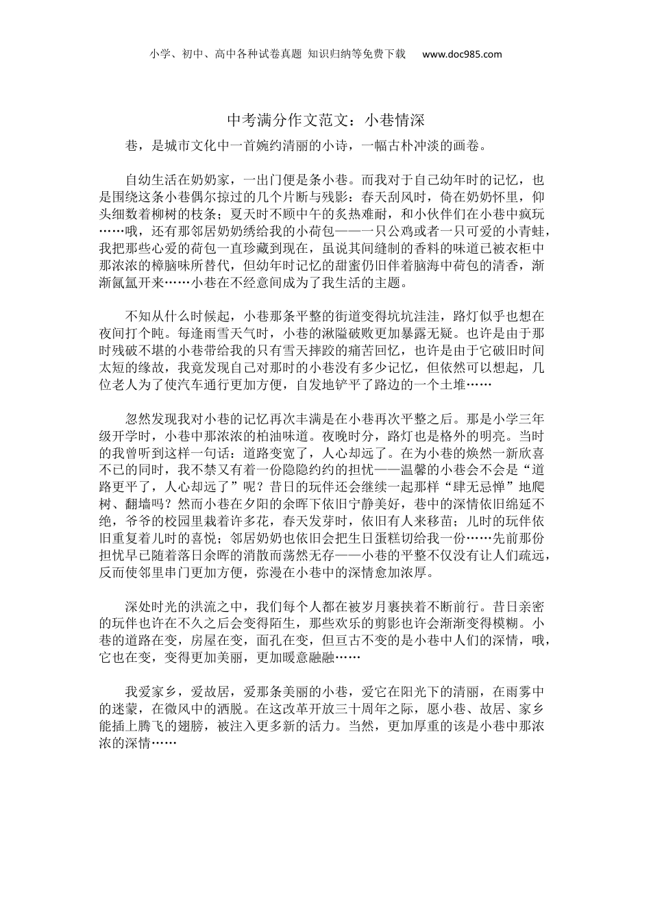 【中考满分作文范文精选】小巷情深.docx