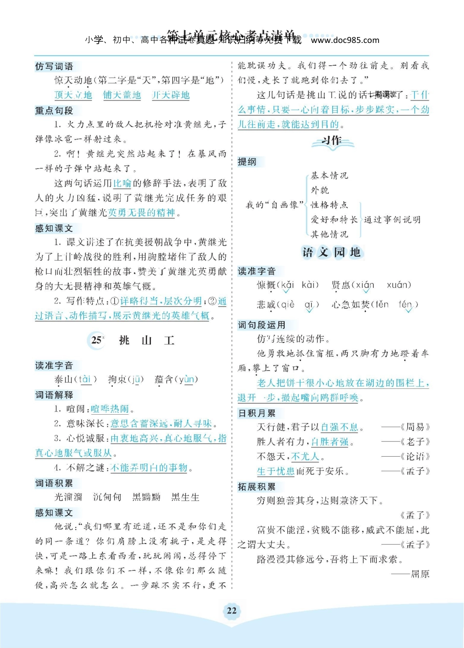 小学四年级语文下册 第七单元核心考点清单.docx