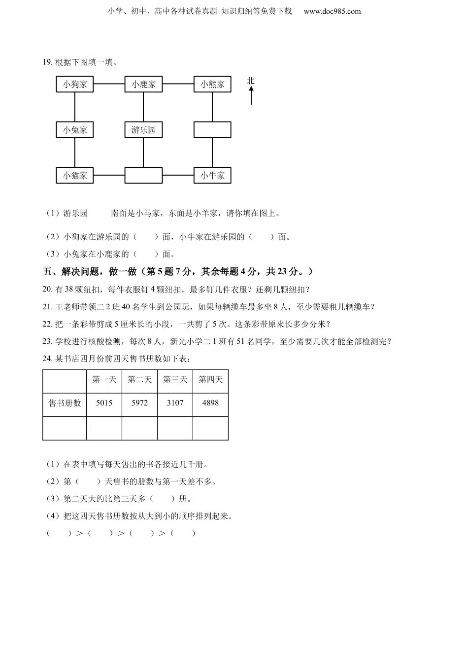 精品解析：2021-2022学年江苏省连云港市东海县苏教版二年级下册期中考试数学试卷（原卷版）.docx