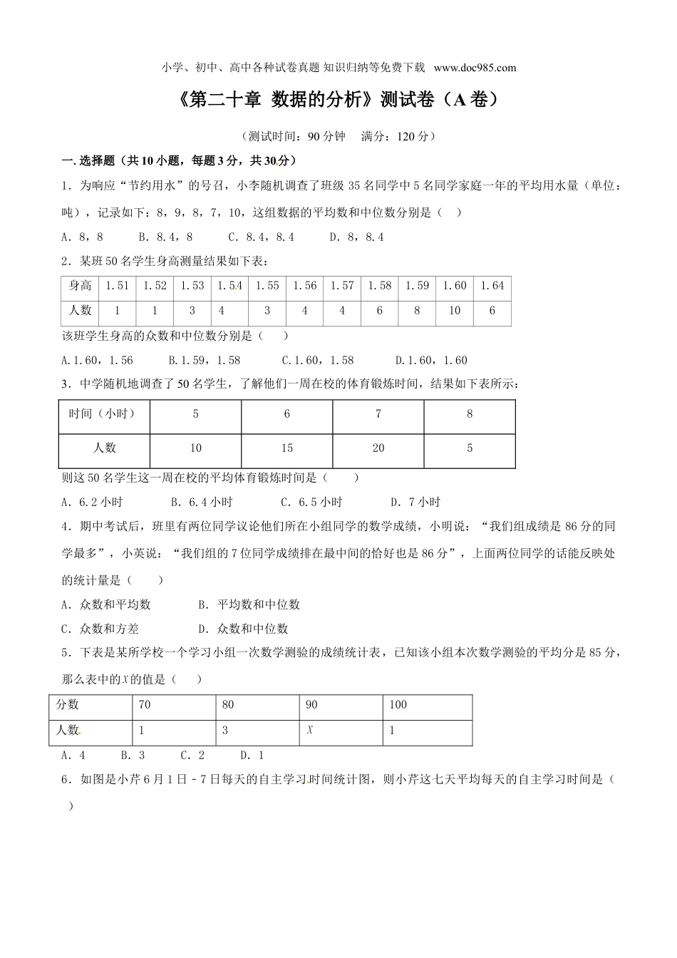 初中八年级数学下册第20章 数据的分析（A卷）.doc