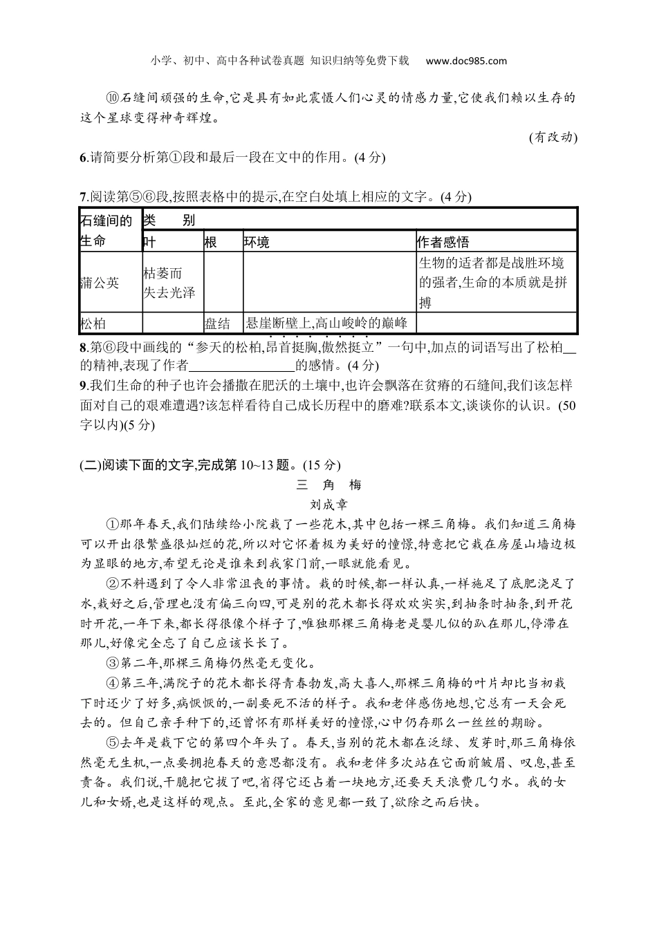 初中语文七年级下册人教版 课后习题第五单元测评.docx