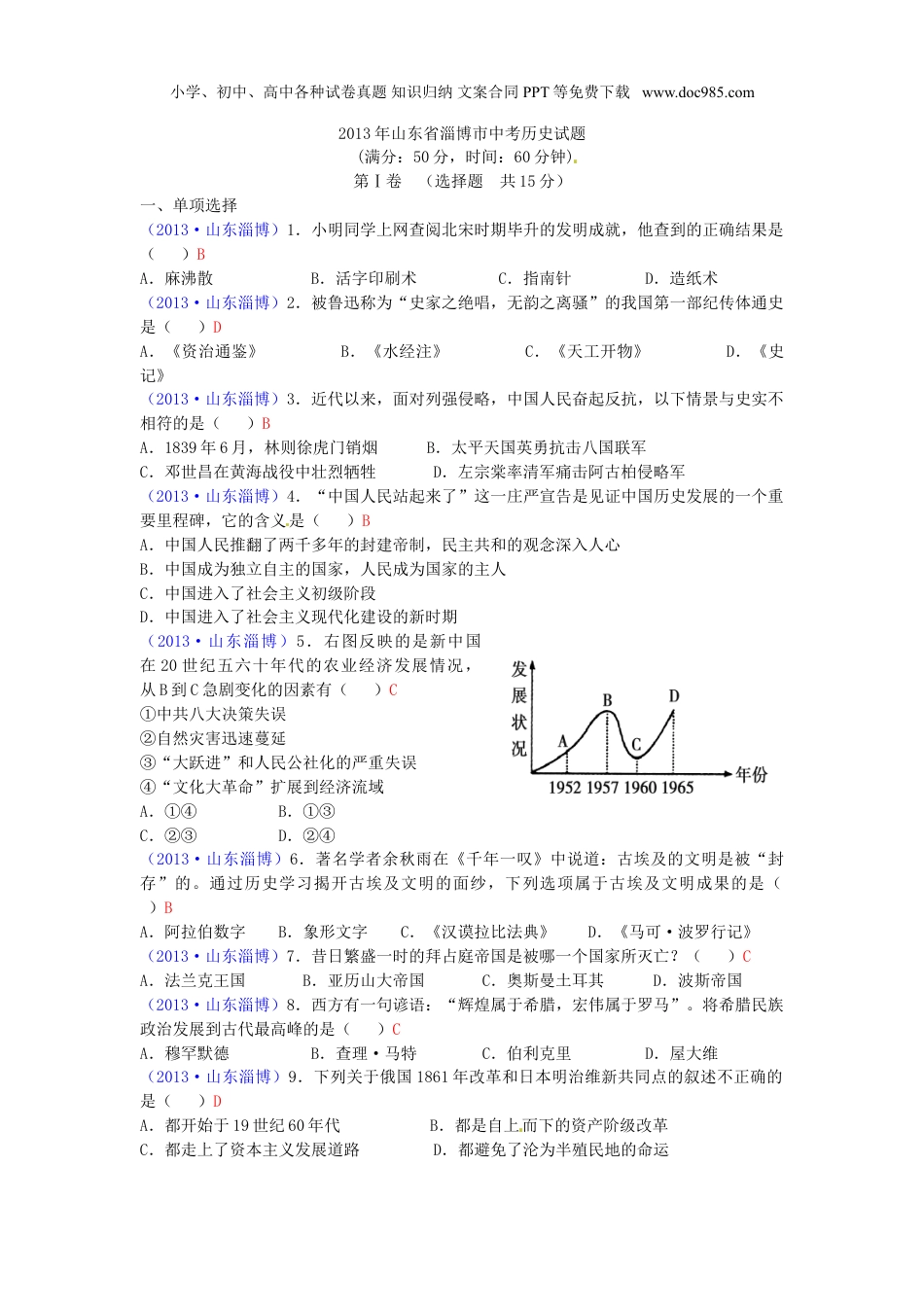 中考化学2013山东淄博化学试卷+答案（word整理版）.doc