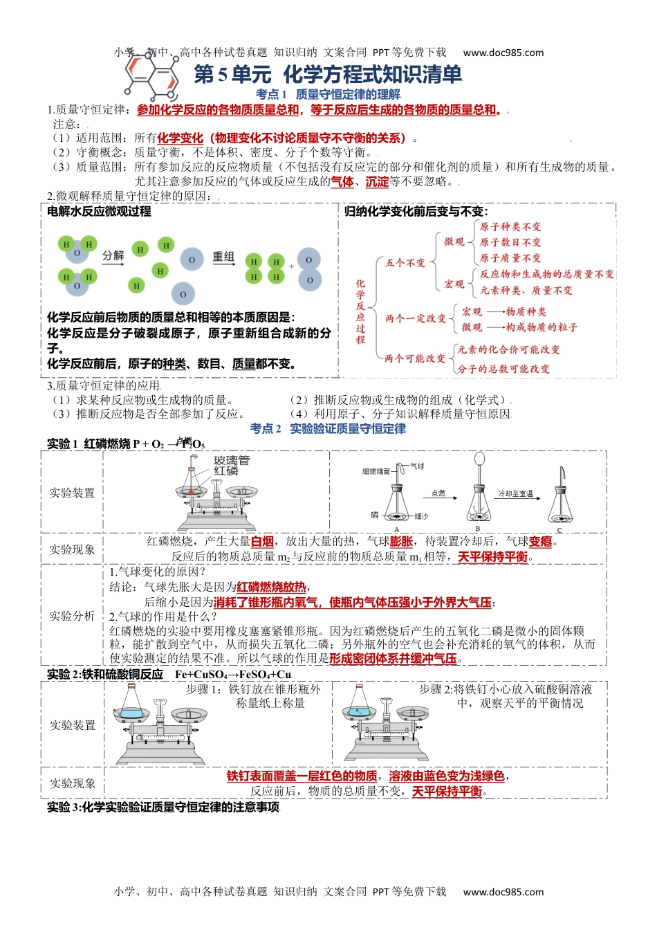 第五单元  质量守恒定律-九年级化学上册单元复习知识清单.docx