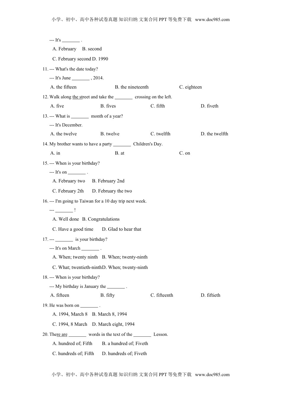 七年级英语人教版上册《Unit 8 When is your birthday》同步练习含答案.doc