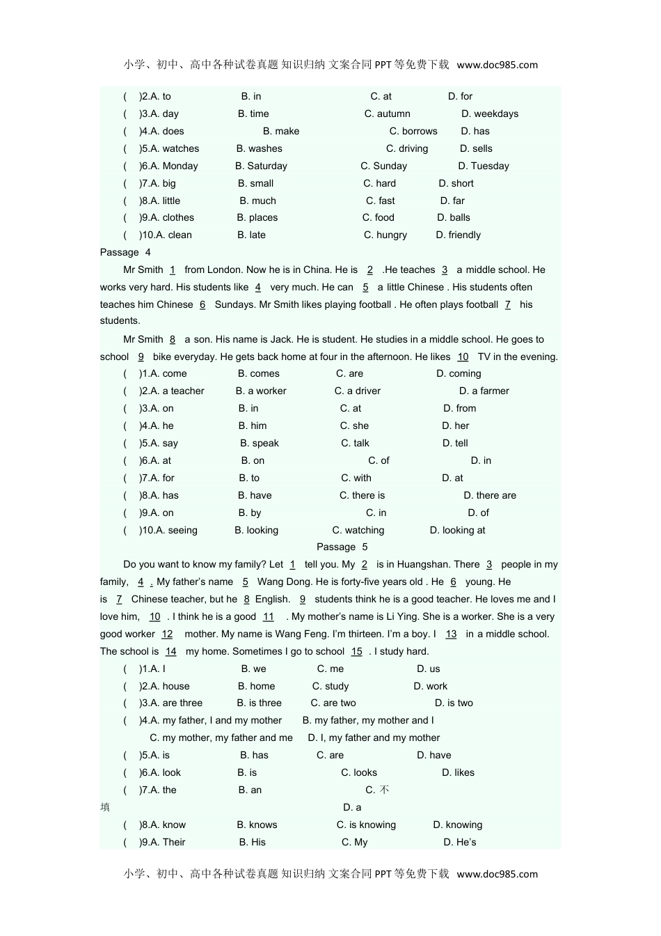 七年级上册英语完型填空专项练习题 8.doc