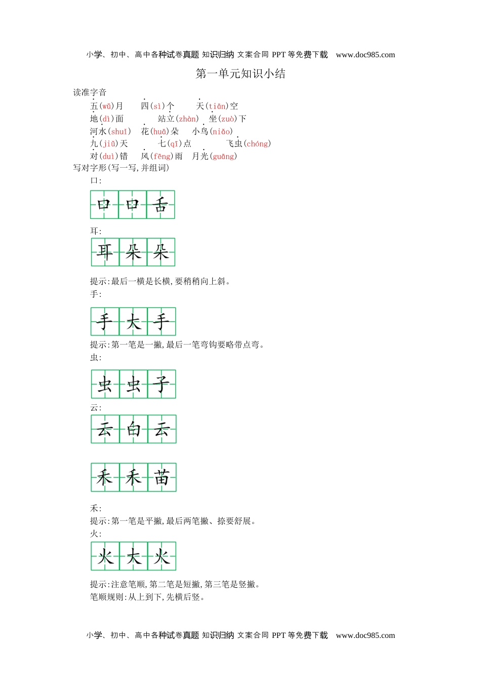 语文一年级上册第1单元知识小结.docx