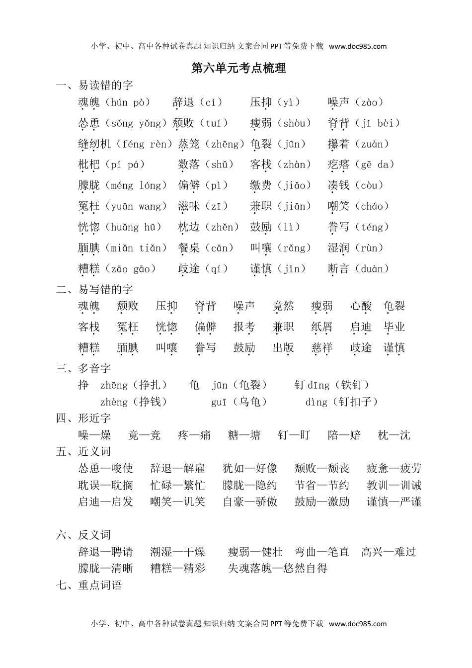 语文五年级上册 单元知识点梳理第六单元考点梳理.doc