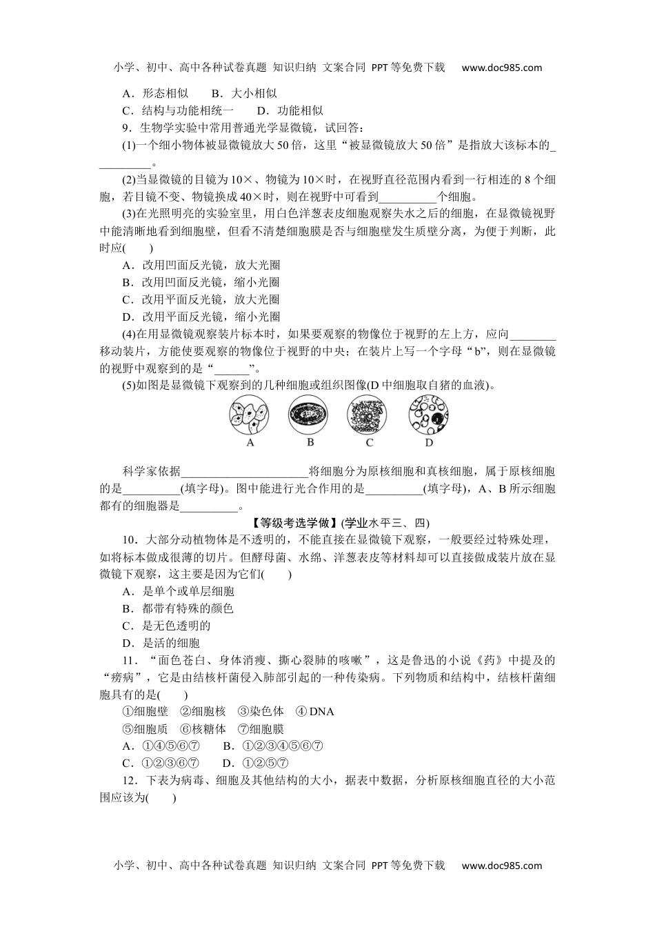 高中生物·必修1课后分层检测（单选）  课后分层检测案2.docx