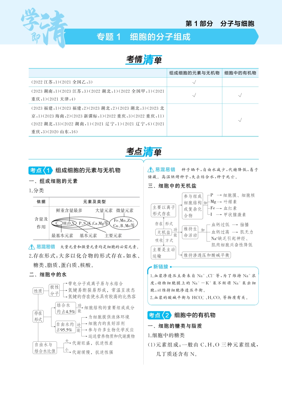 2025版新高考版 生物考点清单+考法清单专题1   细胞的分子组成（讲解册PDF）.pdf