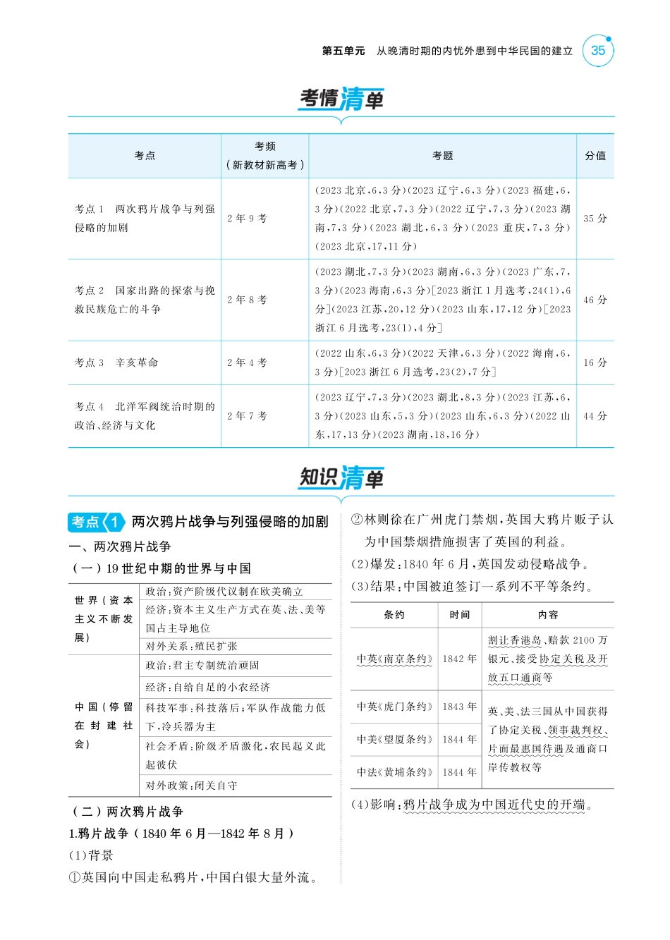 2025版新高考版 历史知识清单+考法清单05第五单元从晚清时期的内忧外患到中华民国的建立.pdf