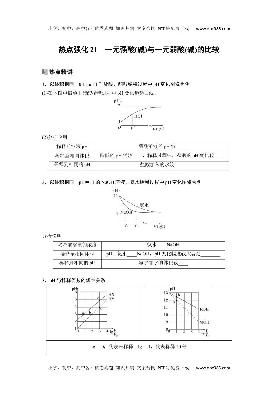 2024年高考化学一轮复习讲义（新人教版）第9章 热点强化21　一元强酸(碱)与一元弱酸(碱)的比较.docx